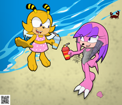 Size: 2068x1782 | Tagged: safe, artist:ftwk_comic, julie-su, saffron bee, bee, echidna, 2023, barefoot, beach, claws, crab, cup, daytime, drink, duo, flapping wings, flying, holding something, literal animal, looking at each other, mid-air, outdoors, paws, qr code, shell, smile, smiling at each other, smoothie, standing, swimsuit, swimwear, water