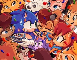 Size: 1657x1296 | Tagged: safe, artist:jadepesky, sally acorn, sonic the hedgehog, chipmunk, hedgehog, 2025, anniversary, birthday, cake, classic sally, fleetway sally, food, group, microphone, sally x sonic, sally's ringblader outfit, sally's vest and boots, self paradox, shipping, straight