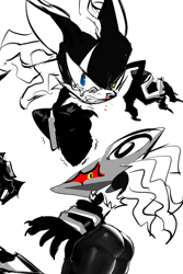 Size: 447x671 | Tagged: suggestive, artist:or__todd, infinite the jackal, 2025, angry, bleeding, blood, butt, crying, duality, heterochromia, infinite's mask, injured, looking at viewer, nosebleed, simple background, standing, white background