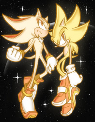 Size: 780x996 | Tagged: safe, artist:or__todd, shadow the hedgehog, sonic the hedgehog, super shadow, super sonic, sonic adventure 2, clenched fist, duo, frown, holding hands, smile, soap shoes, space, star (sky), super form