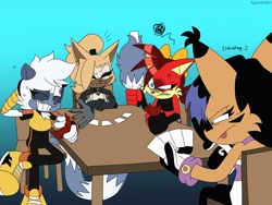 Size: 4000x3000 | Tagged: safe, artist:fartist2020, fiona fox, nicole the hololynx, tangle the lemur, whisper the wolf, fox, lemur, lynx, wolf, card game, female, hololynx, quartet