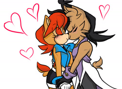 Size: 1280x931 | Tagged: safe, artist:ask-gamer-sally, nicole the hololynx, sally acorn, chipmunk, lynx, 2016, duo, heart, hololynx, lesbian, nicole x sally, sally's ringblader outfit, shipping, snuggle