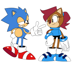 Size: 1280x1089 | Tagged: safe, artist:tvict101, sally acorn, sonic the hedgehog, chipmunk, hedgehog, 2022, classic sally, classic sonic, classic style, duo, ponytail, sally x sonic, sally's ringblader outfit, shipping, straight