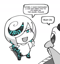 Size: 1700x1800 | Tagged: safe, artist:kujikawaii, robotnik, sage, human, sonic frontiers, 2025, dialogue, duo, english text, eye clipping through hair, father and child, father and daughter, lidded eyes, looking at each other, monochrome, mouth open, open smile, pout, sagebetes, simple background, smile, smiling at them, solo focus, sonic racing crossworlds, speech bubble, spot color, standing, talking, text, white background