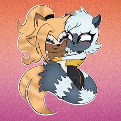 Size: 2048x2048 | Tagged: safe, artist:chaosxctrl, tangle the lemur, whisper the wolf, 2025, blushing, cute, duo, eyelashes, hugging, lesbian, lesbian pride, pride, pride flag background, shipping, side hug, smile, standing, tangabetes, tangle x whisper, whispabetes