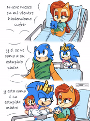 Size: 1080x1450 | Tagged: safe, artist:fliviartoon, manik acorn, sally acorn, sonia acorn, sonic the hedgehog, chipmunk, hedgehog, 2025, baby, carrying them, comic, crown, dialogue, nine months in my womb, ponytail, quartet, sally x sonic, shipping, spanish text, straight