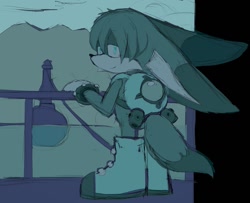 Size: 1500x1215 | Tagged: safe, artist:bobbutterbutt, kit the fennec, 2025, fennec, flat colors, lidded eyes, light, looking at viewer, looking back, looking back at viewer, monochrome, outdoors, railing, smile, smiling at viewer, solo, standing, water, wire