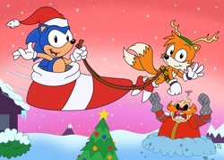 Size: 2048x1462 | Tagged: safe, artist:slysonic, miles "tails" prower, robotnik, sonic the hedgehog, 2025, alternate outfit, angry, bell, belt, black sclera, christmas, christmas hat, christmas outfit, christmas tree, clothes, daytime, fake antlers, flying, hat, headband, holding something, house, looking at them, looking at viewer, mid-air, mouth open, outdoors, smile, smiling at viewer, snow, snowing, sonic christmas blast, tree, trio