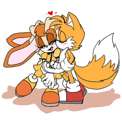 Size: 900x900 | Tagged: safe, artist:candicindy, cream the rabbit, miles "tails" prower, fox, rabbit, 2018, alternate outfit, clothes, cream x tails, cute, dress, duo, eyelashes, eyes closed, flat colors, heart, holding hands, kiss, kiss on cheek, shipping, simple background, smile, standing, standing on one leg, straight, white background