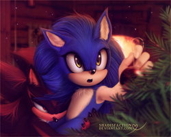 Size: 1356x1087 | Tagged: safe, artist:shadisfaction, shadow the hedgehog, sonic the hedgehog, hedgehog, 2017, bauble, christmas, christmas tree, duo, gay, gloves off, holding them, indoors, lineless, mouth open, shadow x sonic, shipping, signature, smile, tree