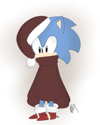 Size: 762x953 | Tagged: safe, artist:shadowfan221, sonic the hedgehog, 2019, christmas, christmas hat, christmas outfit, cute, gradient background, hat, looking offscreen, oversized, signature, solo, sonabetes, standing, sweater, winter, winter outfit