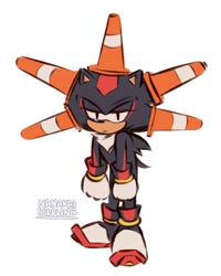 Size: 1364x1705 | Tagged: safe, artist:nanakaiseedling, shadow the hedgehog, cute, frown, lidded eyes, looking at viewer, shadow is not amused, shadowbetes, signature, simple background, solo, standing, traffic cone, unamused, white background