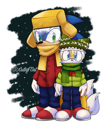 Size: 1280x1463 | Tagged: safe, artist:cuteytcat, miles "tails" prower, sonic the hedgehog, sonic the hedgehog 2 (2022), 2021, alternate outfit, beanie, clothes, coat, duo, gloves, goggles, hat, pants, scarf, semi-transparent background, shoes, ski goggles, snow, snowing, standing, ushanka hat, winter, winter outfit