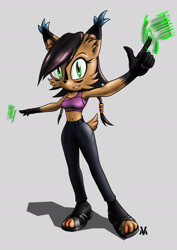 Size: 1497x2117 | Tagged: safe, artist:maxim-bmx, nicole the hololynx, lynx, 2024, alternate outfit, arms out, belly button, clothes, crop top, eyelashes, fanfiction art, hololynx, looking at viewer, midriff, pants, paws, shadow (lighting), signature, simple background, smile, smiling at viewer, solo, standing, white background