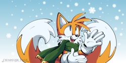 Size: 2114x1064 | Tagged: safe, artist:chaosvoltage, miles "tails" prower, 2020, daytime, looking up, mouth open, open smile, outdoors, scarf, smile, snow, snowing, solo, standing, winter, winter outfit