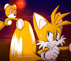 Size: 2047x1755 | Tagged: safe, artist:icyy-stxrlight, miles "tails" prower, tails doll, 2024, abstract background, chasing, duo, flying, mid-air, nighttime, outdoors, running, spinning tails, sweatdrop, tails' nightmare