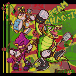 Size: 2048x2048 | Tagged: safe, artist:roorkich, charmy bee, espio the chameleon, vector the crocodile, bee, crocodile, sonic heroes, 2025, abstract background, chameleon, drum, eyes closed, holding something, microphone, musical note, outline, shamisen, singing, team blast, team chaotix, text, tongue out, trio