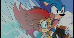 Size: 1920x1006 | Tagged: safe, artist:alexey5421, sally acorn, sonic the hedgehog, chipmunk, hedgehog, sonic origins, carrying them, classic sally, classic sonic, duo, redraw, sally x sonic, sally's ringblader outfit, shipping, straight