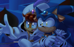 Size: 2070x1326 | Tagged: safe, artist:risziarts, sally acorn, sonic the hedgehog, chipmunk, hedgehog, 2023, aladdin (disney), clothes, cosplay, crossover, disney, duo, flower, fully clothed, sally x sonic, shipping, straight