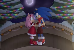 Size: 2047x1378 | Tagged: safe, artist:sanzokudebien, amy rose, sonic the hedgehog, amy x sonic, christmas, shipping
