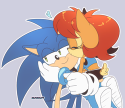 Size: 1218x1050 | Tagged: safe, artist:risziarts, sally acorn, sonic the hedgehog, chipmunk, hedgehog, 2023, carrying them, duo, heart, kiss, kiss on cheek, sally x sonic, sally's ringblader outfit, shipping, straight