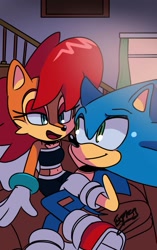 Size: 701x1118 | Tagged: safe, artist:sonicboomnextgen, sally acorn, sonic the hedgehog, chipmunk, hedgehog, 2020, duo, lying on them, no vest, sally x sonic, sally's ringblader outfit, shipping, sofa, straight