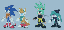 Size: 2048x975 | Tagged: safe, artist:veeloopz, kit the fennec, miles "tails" prower, sonic the hedgehog, surge the tenrec, 2025, beanie, boots, crop top, ear warmers, flat colors, frown, grey background, group, hat, ice skates, jacket, jacket around waist, looking offscreen, scarf, simple background, smile, text, winter outfit