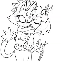 Size: 1597x1594 | Tagged: safe, artist:rocky-drawz, amy rose, blaze the cat, 2025, :3, alternate outfit, amy x blaze, christmas, christmas outfit, cute, eyes closed, fake antlers, hugging, kiss, kiss on cheek, lesbian, line art, pants, scarf, sharing a scarf, shipping, simple background, standing, sweater, wagging tail, white background