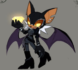 Size: 1813x1634 | Tagged: safe, artist:bestjeanistmonster, rouge the bat, 2025, alternate outfit, alternate universe, belt, bodysuit, chaos emerald, chipped ear, ear piercing, earring, goggles, grey background, heels, holding something, lidded eyes, looking at something, redesign, rope, simple background, smile, solo, standing, standing on one leg