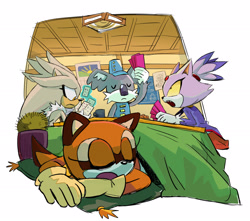 Size: 2048x1812 | Tagged: safe, artist:rocketrrush, blaze the cat, marine the raccoon, 2025, eyes closed, frown, gardon, group, holding something, hotel, indoors, mouth open, plant, plant pot, sleeping, ticket, yellow sclera