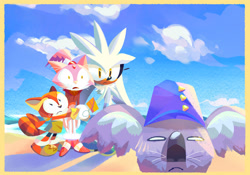 Size: 1732x1209 | Tagged: safe, artist:sanye000-going-doodoo, blaze the cat, marine the raccoon, silver the hedgehog, 2025, abstract background, beach, border, clouds, daytime, faic, gardon, group, holding each other, madagascar (movie), ocean, outdoors, san diego, standing