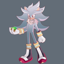 Size: 1280x1280 | Tagged: safe, artist:milkierberrry, silver the hedgehog, 2025, chaos emerald, grey background, holding something, looking ahead, looking offscreen, neck fluff, simple background, solo, standing