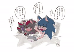 Size: 2048x1448 | Tagged: safe, artist:slow_footed8, shadow the hedgehog, sonic the hedgehog, 2025, duo, gay, japanese text, shadow x sonic, shipping, simple background, speech bubble, white background