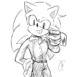Size: 1280x1280 | Tagged: safe, artist:slow_footed8, sonic the hedgehog, hedgehog, clothes, fully clothed, greyscale, looking at viewer, male, monochrome, simple background, sketch, smile, solo, standing, white background