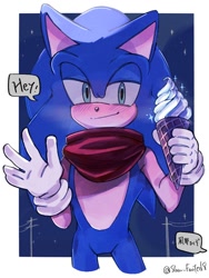Size: 768x1024 | Tagged: safe, artist:slow_footed8, sonic the hedgehog, 2025, food, holding something, ice cream, looking at viewer, smile, solo, sonic boom (tv), speech bubble