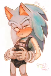 Size: 1378x2039 | Tagged: safe, artist:slow_footed8, sonic the hedgehog, alternate outfit, japanese text, lidded eyes, looking at viewer, simple background, solo, standing, swimsuit, white background