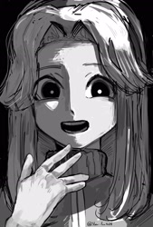Size: 1378x2039 | Tagged: safe, artist:slow_footed8, maria robotnik, human, 2025, black background, greyscale, looking at viewer, monochrome, simple background, smile, solo