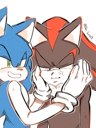 Size: 1125x1500 | Tagged: safe, artist:slow_footed8, shadow the hedgehog, sonic the hedgehog, 2025, duo, hands on another's face, simple background, smile, white background