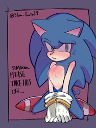 Size: 768x1024 | Tagged: safe, artist:slow_footed8, sonic the hedgehog, 2025, dialogue, english text, implied shadow, shivering, simple background, solo
