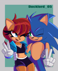 Size: 2516x3100 | Tagged: safe, artist:ducklordo, sally acorn, sonic the hedgehog, chipmunk, hedgehog, 2024, duo, peace sign, sally x sonic, sally's ringblader outfit, shipping, simple background, straight, v sign