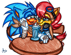 Size: 965x744 | Tagged: safe, artist:jayfoxfire, sally acorn, sonic the hedgehog, chipmunk, hedgehog, 2015, drink, duo, looking at each other, milkshake, sally x sonic, shipping, sonic boom (tv), straight