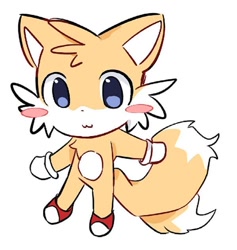 Size: 600x634 | Tagged: safe, artist:pain101101, miles "tails" prower, :3, blushing, chest fluff, chibi, cute, looking offscreen, simple background, smile, solo, standing, tailabetes, white background