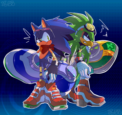 Size: 4800x4500 | Tagged: safe, artist:yu33_pm, jet the hawk, sonic the hedgehog, bird, hedgehog, sonic riders: zero gravity, 2022, alternate outfit, bandana, boots, cross popping vein, duo, extreme gear, frown, goggles, outline, screenshot background, signature, smile, standing, sunglasses