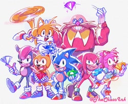 Size: 2447x1984 | Tagged: safe, artist:thechaosink, amy rose, knuckles the echidna, mighty the armadillo, miles "tails" prower, ray the flying squirrel, robotnik, sonic the hedgehog, human, sonic mania, 2025, chaos emerald, classic amy, classic knuckles, classic mighty, classic ray, classic robotnik, classic sonic, classic tails, flying, group, holding something, looking at viewer, mid-air, signature, simple background, smile, sonic mania plus, spinning tails, standing, white background
