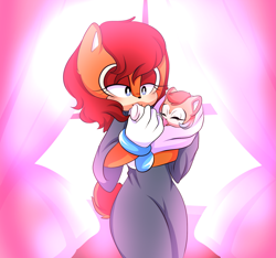 Size: 2309x2161 | Tagged: safe, artist:g-silverscythe, sally acorn, oc, oc:suri acorn, chipmunk, 2019, baby, baby bottle, carrying them, cute, duo, sally x sonic, shipping, straight, window