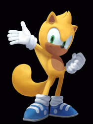 Size: 1200x1600 | Tagged: safe, artist:rosvosektori, ray the flying squirrel, 2022, alternate eye color, black background, blue shoes, clenched fist, faux 3d, green eyes, lineless, looking at viewer, simple background, smile, smiling at viewer, solo, standing, waving