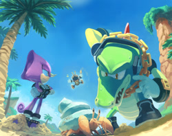 Size: 1590x1260 | Tagged: safe, artist:rosvosektori, charmy bee, espio the chameleon, vector the crocodile, sonic heroes, 2022, 3d, arms folded, beach, clouds, crab, daytime, flying, frown, grass, group, hermit crab, lineless, literal animal, looking at something, looking at them, outdoors, palm tree, sand, seaside hill, shovel, standing, team chaotix, tree
