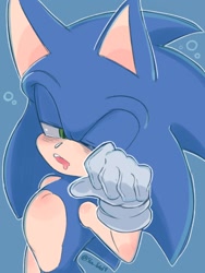Size: 768x1024 | Tagged: safe, artist:slow_footed8, sonic the hedgehog, 2025, blue background, mouth open, one eye closed, simple background, solo, tired