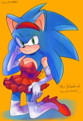 Size: 899x1318 | Tagged: safe, artist:slow_footed8, sonic the hedgehog, 2025, alternate outfit, crossdressing, english text, heels, japanese text, kneeling, looking at viewer, orange background, simple background, solo
