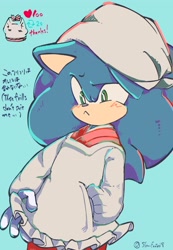 Size: 1504x2168 | Tagged: safe, artist:slow_footed8, sonic the hedgehog, 2025, alternate outfit, blue background, crossdressing, hand in pocket, japanese text, simple background, solo